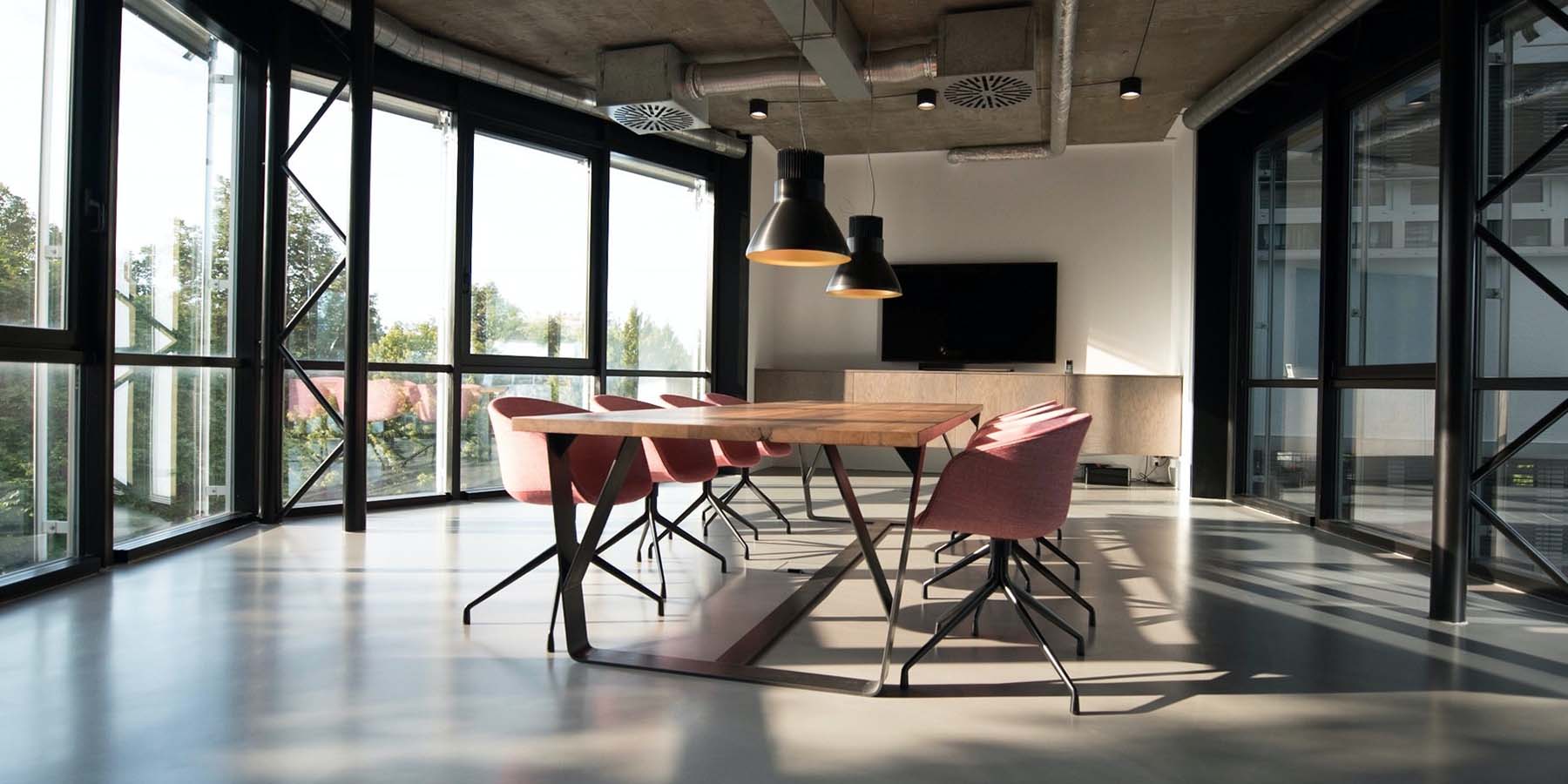 A sunlit meeting room in an office