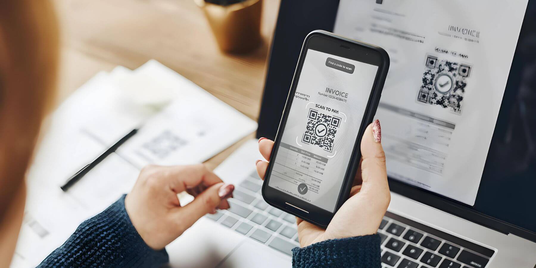 A person's hand securely holding a smartphone, with the phone's screen prominently displaying a QR code linked to a phishing scam. The QR code, designed to appear innocuous, is actually a deceptive tool used by scammers to trick individuals into revealing personal and financial information.